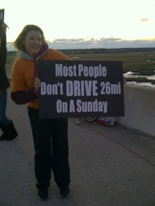 Funniest Running Signs #i: Most people don't drive 26 miles on a Sunday.