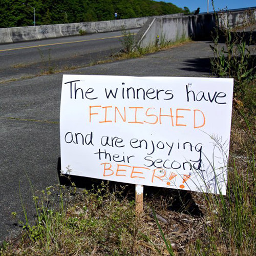 Best Running Signs Pertaining To Booze #7: The winners have finished and are enjoying their second beer.