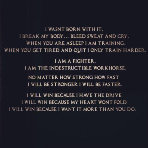 Motivational Running Quotes To Help You Push Through #12: I wasn't born with it. I break my body, bleed, sweat and cry. When you are asleep, I am training. When you get tired and quit, I only train harder. I am a fighter. I am the indestructible workhorse. No matter how strong, how fast, I will be stronger. I will be faster. I will win because I have the drive. I will win because my heart won't fold. I will win because I want it more than you do.
