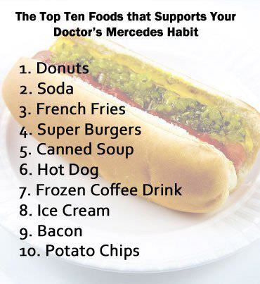 Runner Things #858: The top ten foods that supports your doctor's Mercedes habit: Donuts, soda, french fries, super burgers, canned soup, hot dog, frozen coffee, ice cream, bacon, potato chips.  - fb,nutrition