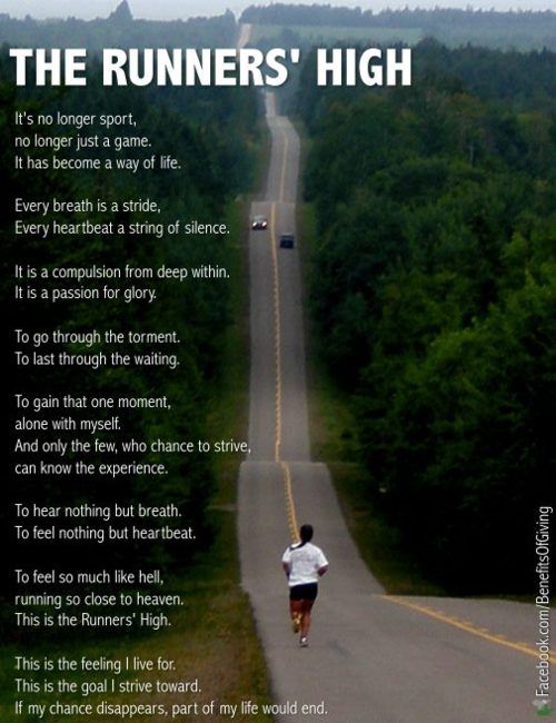 Runner Things #1154: The Runners' High: It's no longer sport, no longer just a game. It has become a way of life. Every breath is a stride, every heartbeat a string of silence. It is a compulsion deep within. It is a passion for glory. TO go through the torment. To last through the waiting. To gain that one moment, alone with myself, and only the few, who chance to strive, can know the experience. To hear nothing but breath. To feel nothing but heartbeat. To feel so much like hell, running so close to heaven. This is the Runners' High. This is the feeling I live for. This is the goal I strive toward. It my chance disappears, part of my life would end.