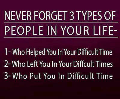 Runner Things #1303: Never forget 3 types of people in your life- 1 who helped you in your difficult time. 2 who left you in your difficult times? 3 who put you in a difficult time?