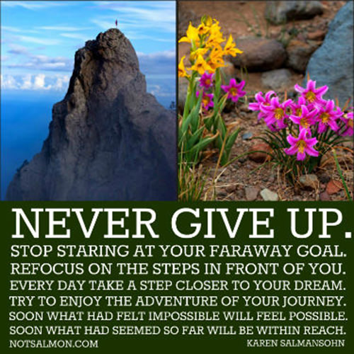 Fitness Matters #98: Never give up. Stop staring at your faraway goal. Refocus on the stops in front of you. Every day, take a step closer to your dream. Try to enjoy the adventure of your journey. Soon, what had felt impossible will feel possible. Soon, what had seemed so far will be within reach. - Karen Salmansohn