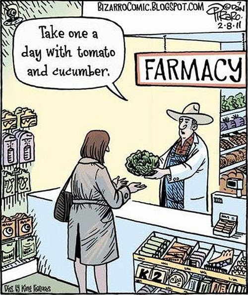 Food Humor #65: Farmacy. Take one a day with tomato and cucumber.