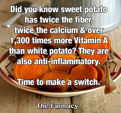 Nutrition Matters #14: Did you know sweet potato has twice the fiber, twice the calcium and over 1,300 times more Vitamin A than white potato? They are also anti-inflammatory. This to make a switch. - fb,nutrition