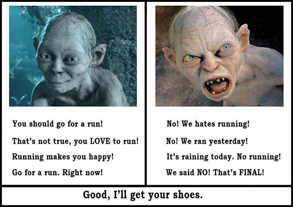 Running Humor #106: You should go for a run. That's not true, you love to run. Running makes you happy. Go for a run. Right now. No. We hates running. No. We ran yesterday. It's raining today. No running. We said no. That's final. Good, I'll get your running shoes.