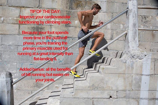 Running Matters #99: Tip of the day. Improve your cardiovascular functioning by climbing stairs. Because your foot spends more time in the push-off phase, you're training the primary muscles used for running at a great intensity than flat-landing it. Added bonus: all the benefits of hill running but easier on your joints.