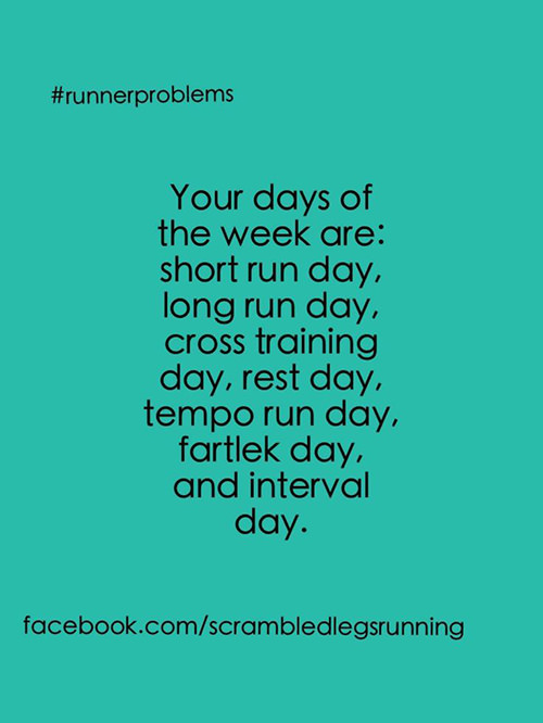 Running Matters #106: Your days of the week are: short run day, long run day, cross training day, rest day, tempo run day, fartlek day, and interval day. - fb