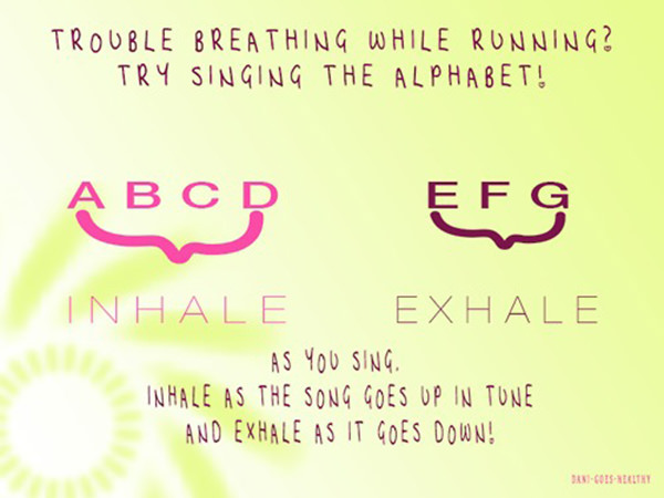 Running Matters #186: Trouble breathing while running? Try singing the alphabet. As you sing, inhale as the song goes up in tune, and exhale as it goes down.